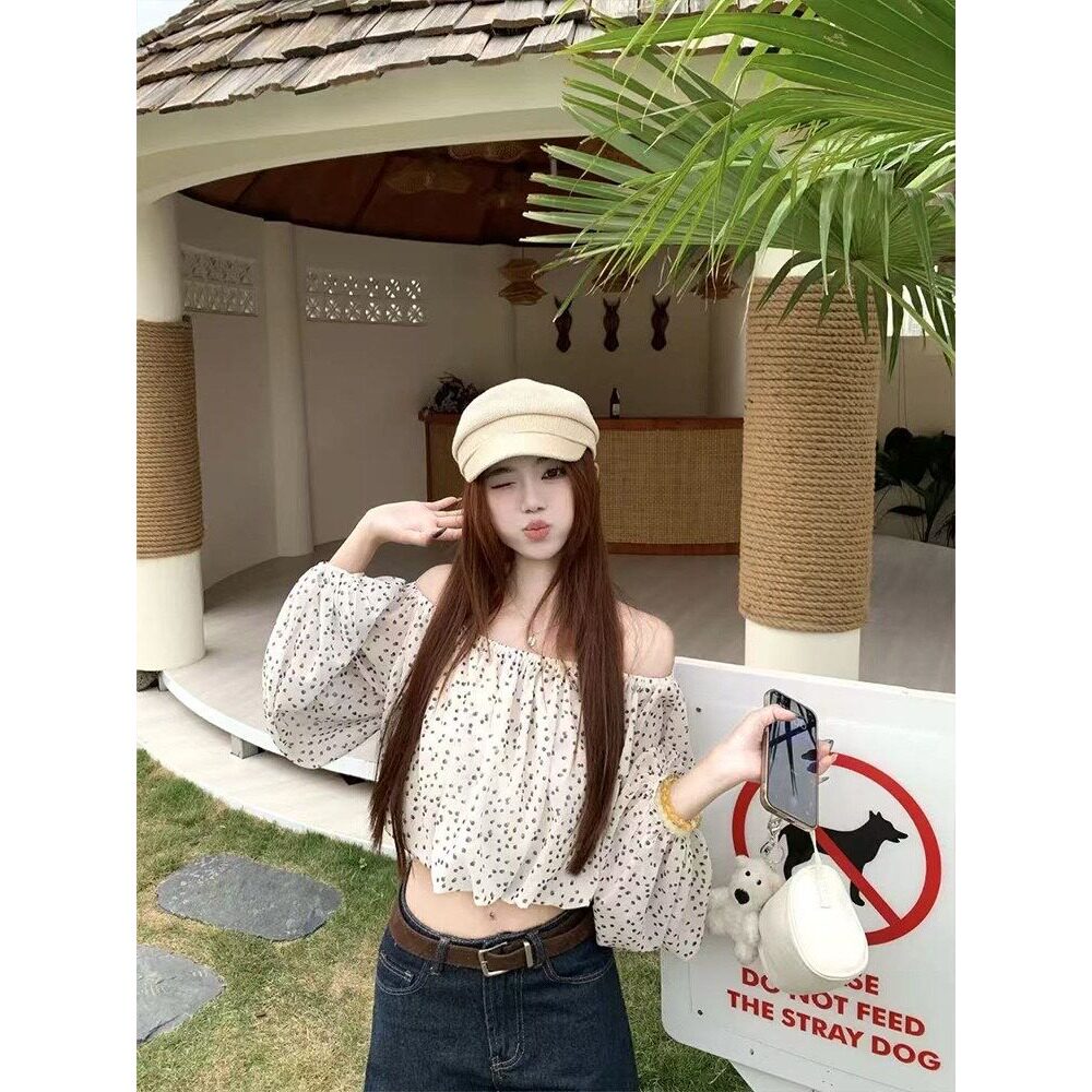 法式一字肩碎花长袖衬衫女早春季衬衣辣妹短款气质设计感露肩上衣