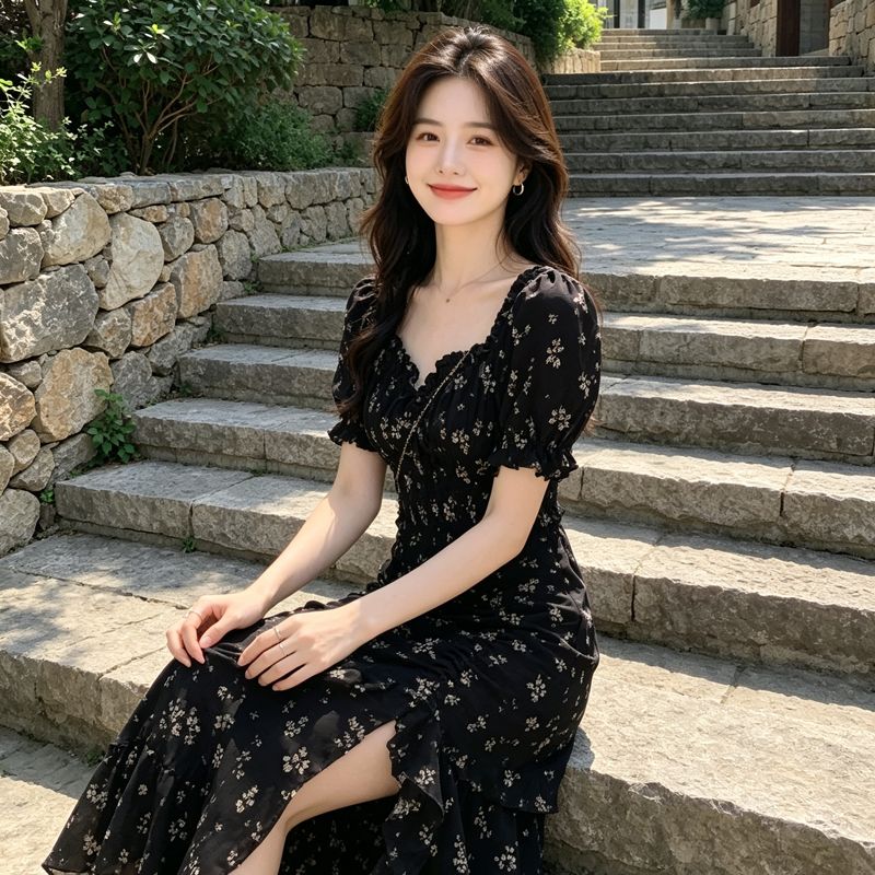 碎花法式连衣裙女夏2026新款高级感木耳边开叉小个子雪纺裙子夏季