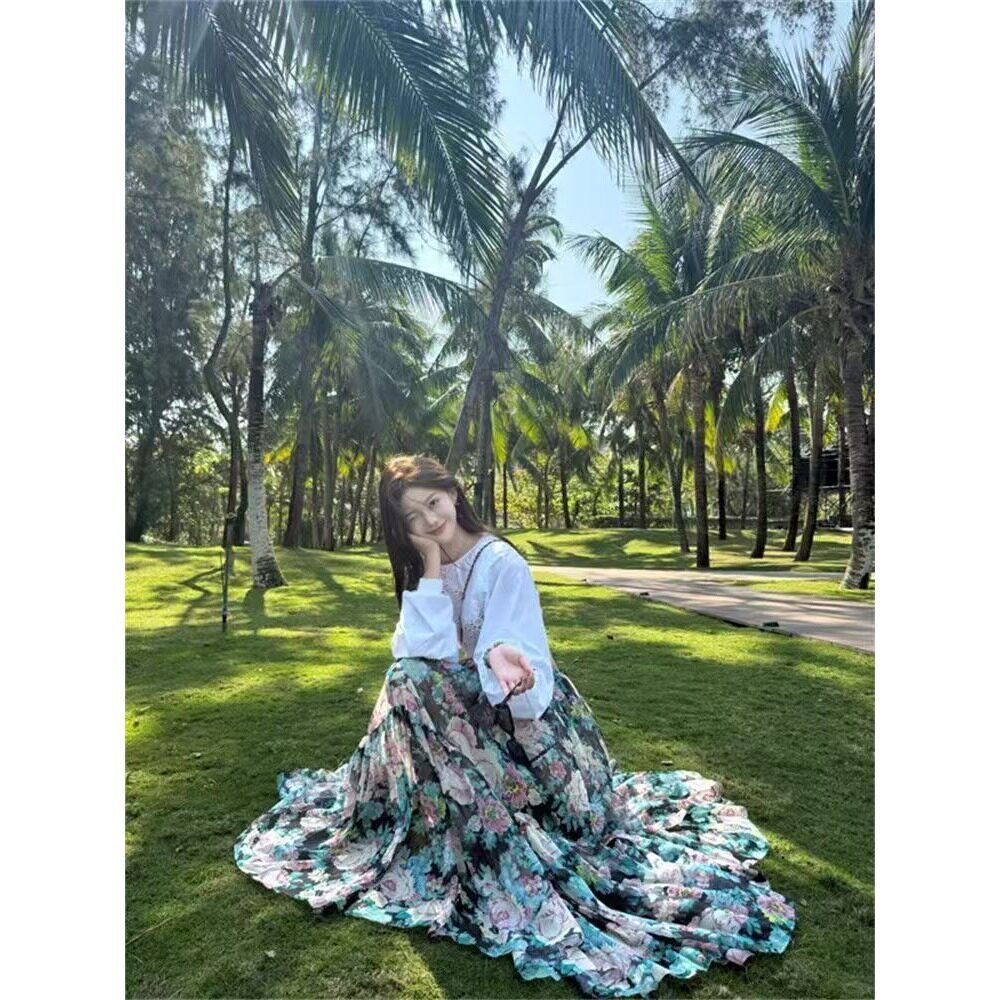 韩版纯欲风时尚套装女白色上衣巨好看的两件套春季新款印花半身裙