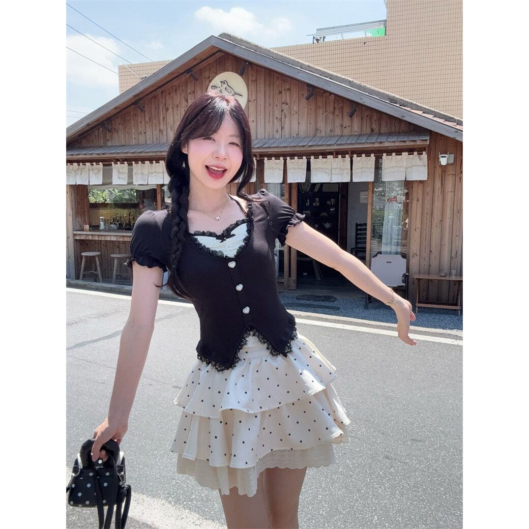 韩系纯欲黑色针织短袖上衣女夏季漂亮日系软妹T恤蛋糕蓬蓬裙套装