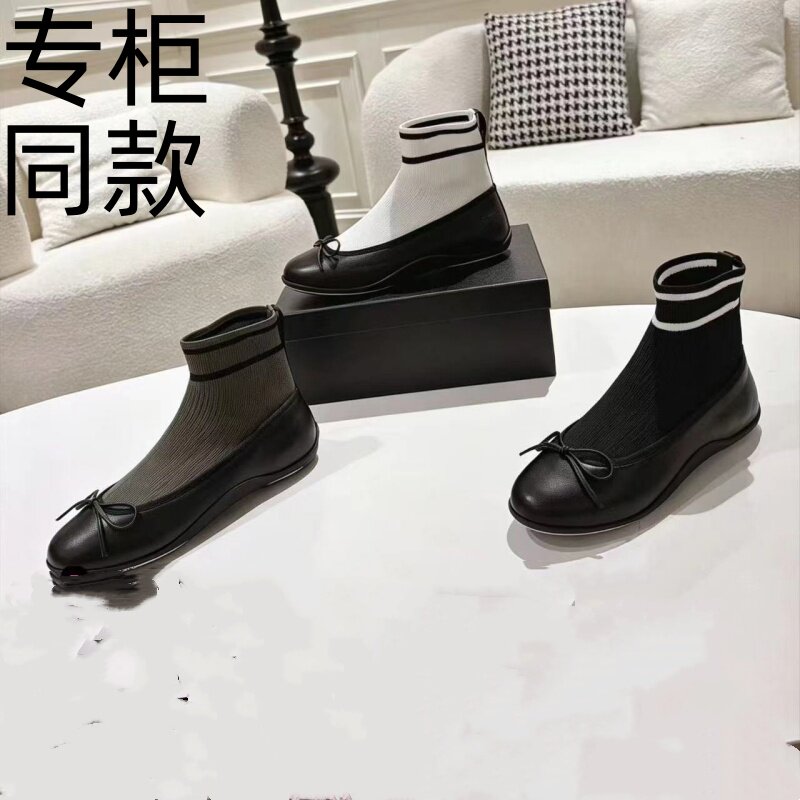 小香风蝴蝶结针织平底弹力袜靴女