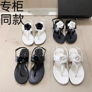 春季新款羊皮花朵夹趾T字凉鞋女平底减龄小众设计韩版简约夏季鞋