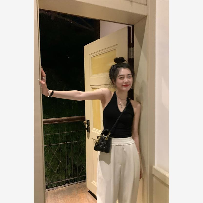 挂脖式黑色小背心女2025年夏季新款内搭打底圆弧V领外穿吊带上衣
