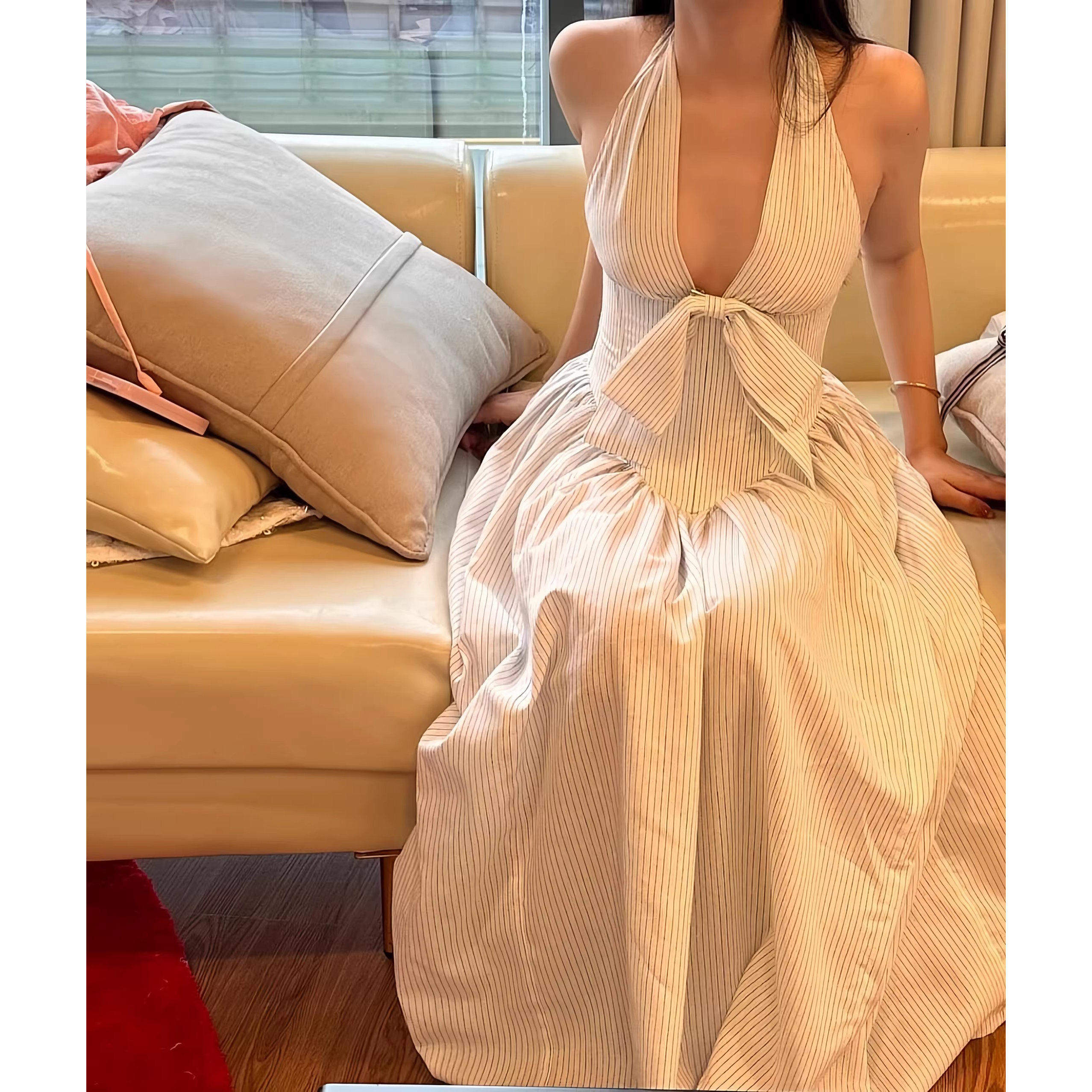 法式气质条纹深V性感收腰绑带无袖挂脖温柔甜美连衣裙长女礼服