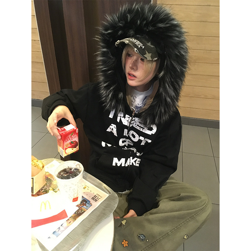 美式复古慵懒风毛领连帽卫衣