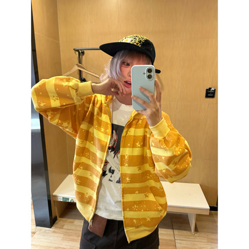 OPUP 美式复古条纹星星情侣撞色连帽卫衣男女同款宽松开衫外套潮