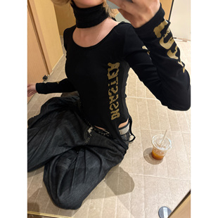 OPUP 美式星星字母绑绳长袖T恤女款辣妹风显瘦修身春季新款上衣潮