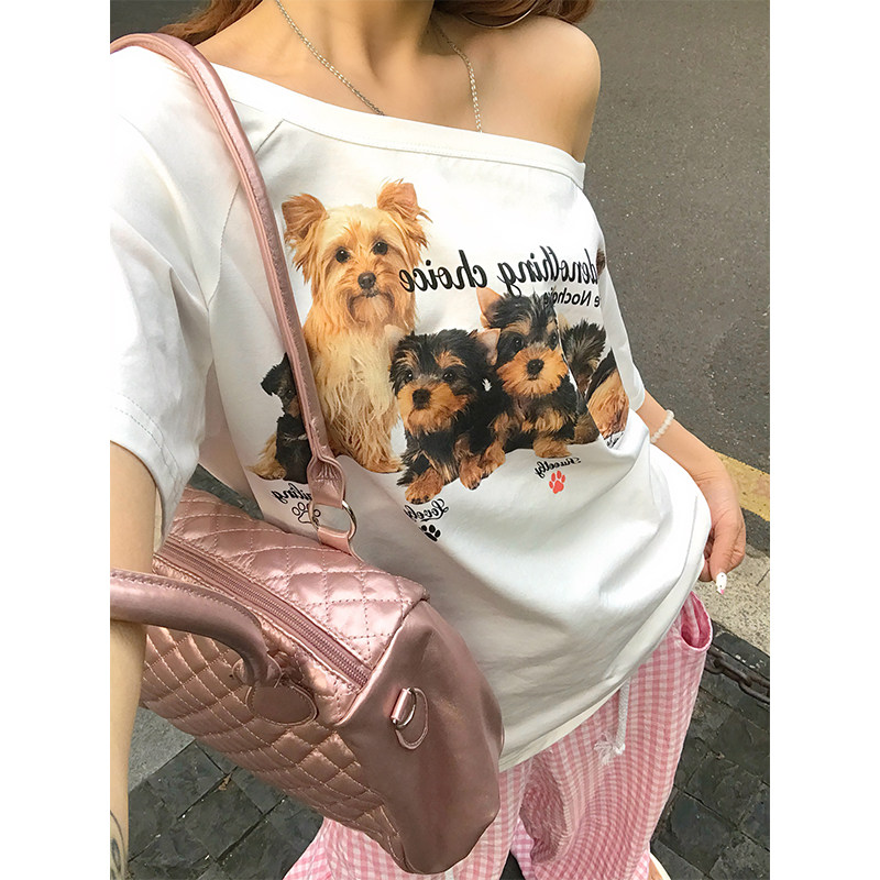 OPUP 萌物暴击约克夏小狗白色短袖辣妹显瘦t恤衫美式复古上衣潮