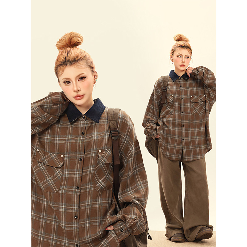 OPUP 美式复古撞色拼接翻领长袖衬衫美拉德百搭休闲宽松衬衣男女