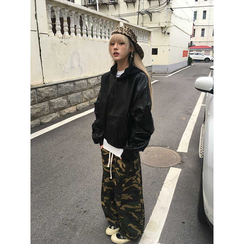 OPUP 美式复古连帽pu皮夹克宽松休闲机车皮衣棒球服外套潮牌上衣