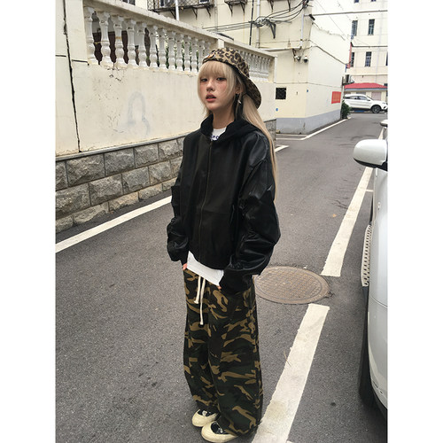 OPUP 美式复古连帽pu皮夹克宽松休闲机车皮衣棒球服外套潮牌上衣