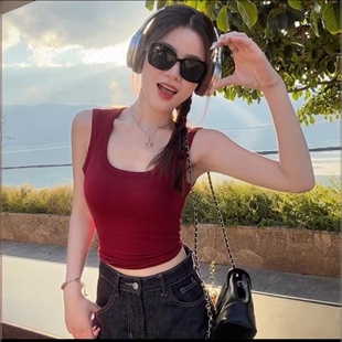 方领吊带无袖背心女夏外穿宽肩带遮副乳修身短款打底内搭纯色上衣