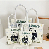 新款 升级竹节小熊猫双面针织刺绣休闲百搭帆布手提单肩包卡通清新