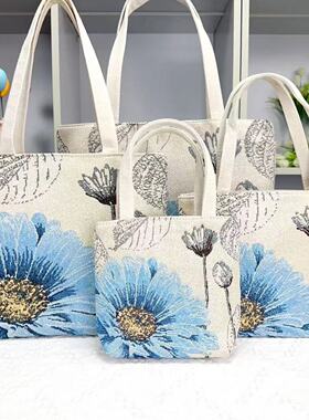 新款蓝色荷花图案民族双面刺绣加金丝手提包外出上班单肩帆布包
