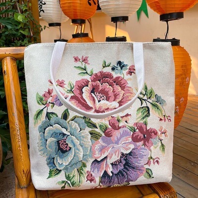 国风牡丹双面刺绣帆布包手提包单肩包休闲文艺学生上班外出通勤包