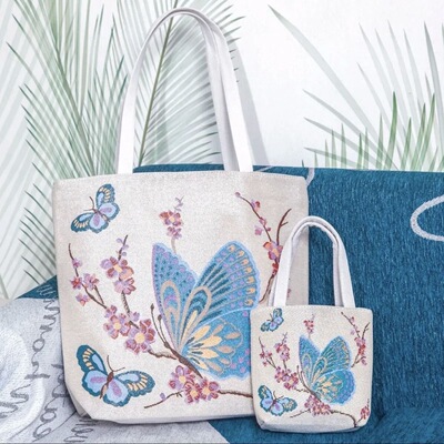 蝴蝶戏梅花民族帆布双面刺绣手提