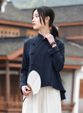 高端斜襟居士服女款黑色棉麻改良唐装上衣中国风佛系禅意女装禅服