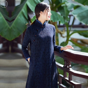 中国风女装 禅意茶服秋冬中式 长袖 改良棉麻旗袍茶服连衣裙中长款