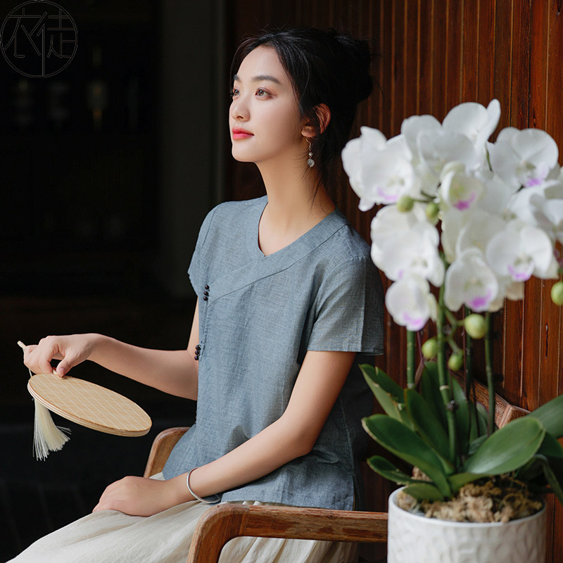棉麻茶服女夏装中式女装中国风茶艺师工作服民国风佛系上衣禅修服