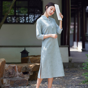 棉麻旗袍连衣裙过膝中长款宽松复古中国风茶服女禅意文艺夏禅服
