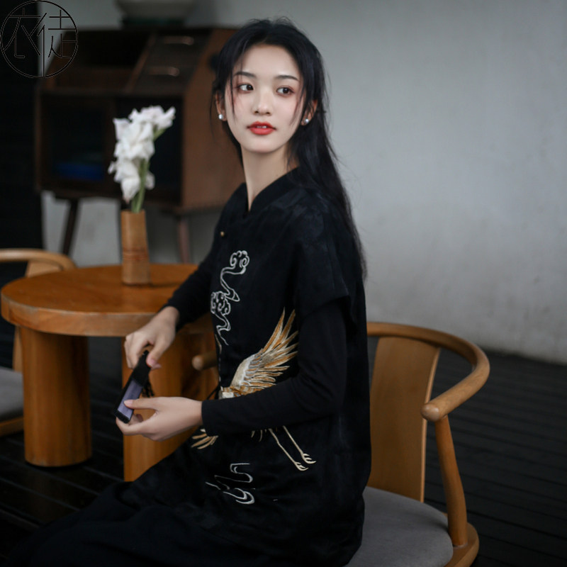 黑色刺绣棉麻唐装女中国风汉服大人新中式茶服居士服春秋国风女装