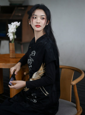 高端刺绣黑色唐装棉麻新中式女装