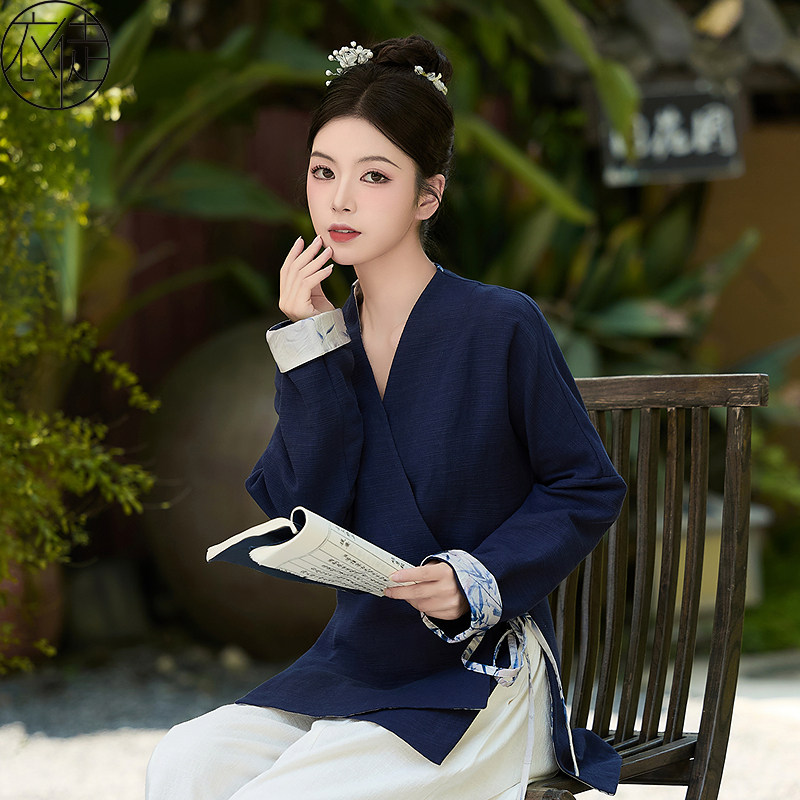 麻春季茶服女交领上衣图片
