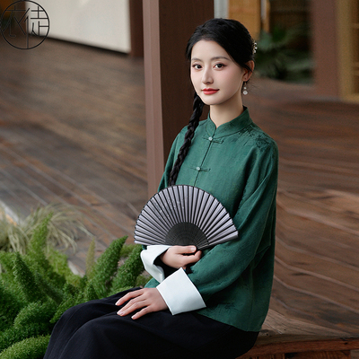新中式国风女装2025新款中式上衣高级感茶服绿色禅服唐装女款秋款