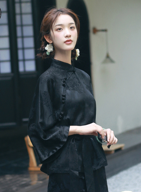 黑色唐装女年轻款中国风套装新中式茶服盘扣上衣佛系禅意居士服