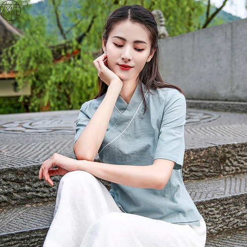 改良汉服女复古上衣中国风茶服禅意文艺年轻款汉元素茶艺师服装