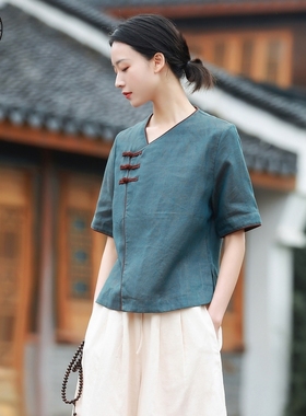 亚麻唐装女夏短袖中国风中式上衣茶服禅意套装禅服复古冥想服装