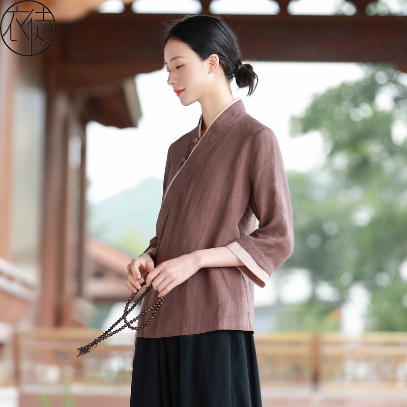 亚麻唐装女春夏茶艺服装工作服艾灸汉服改良佛系禅意女装中式上衣