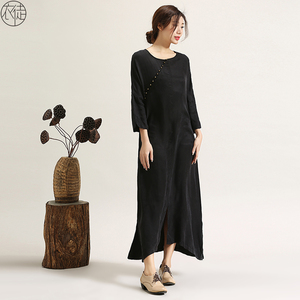 衣徒夏季中式茶服铜氨丝旗袍连衣裙长袖宽松文艺复古纯色圆领长裙