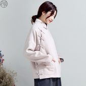 居士服禅意秋冬茶艺师上衣 茶服秋冬外套中式 毛呢唐装 女胖MM大码