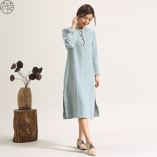 春秋旗袍连衣裙中长款中式茶服中国风女装文艺中裙长袖日常祺袍女