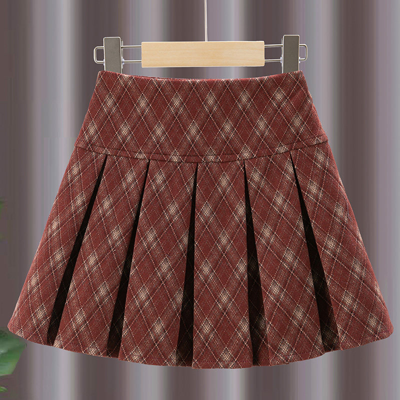 女童半身裙秋冬新款儿童洋气学院风毛呢短裙女孩红色格子百褶裙