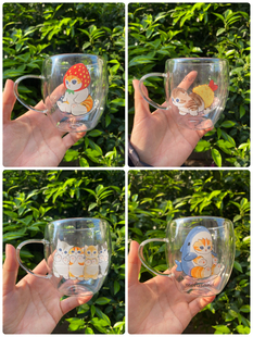 港版7-11合作款Mofusand鲨鱼猫炸虾猫天妇罗猫咪双层玻璃杯水杯