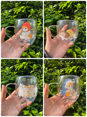 港版7-11合作款Mofusand鲨鱼猫炸虾猫天妇罗猫咪双层玻璃杯水杯