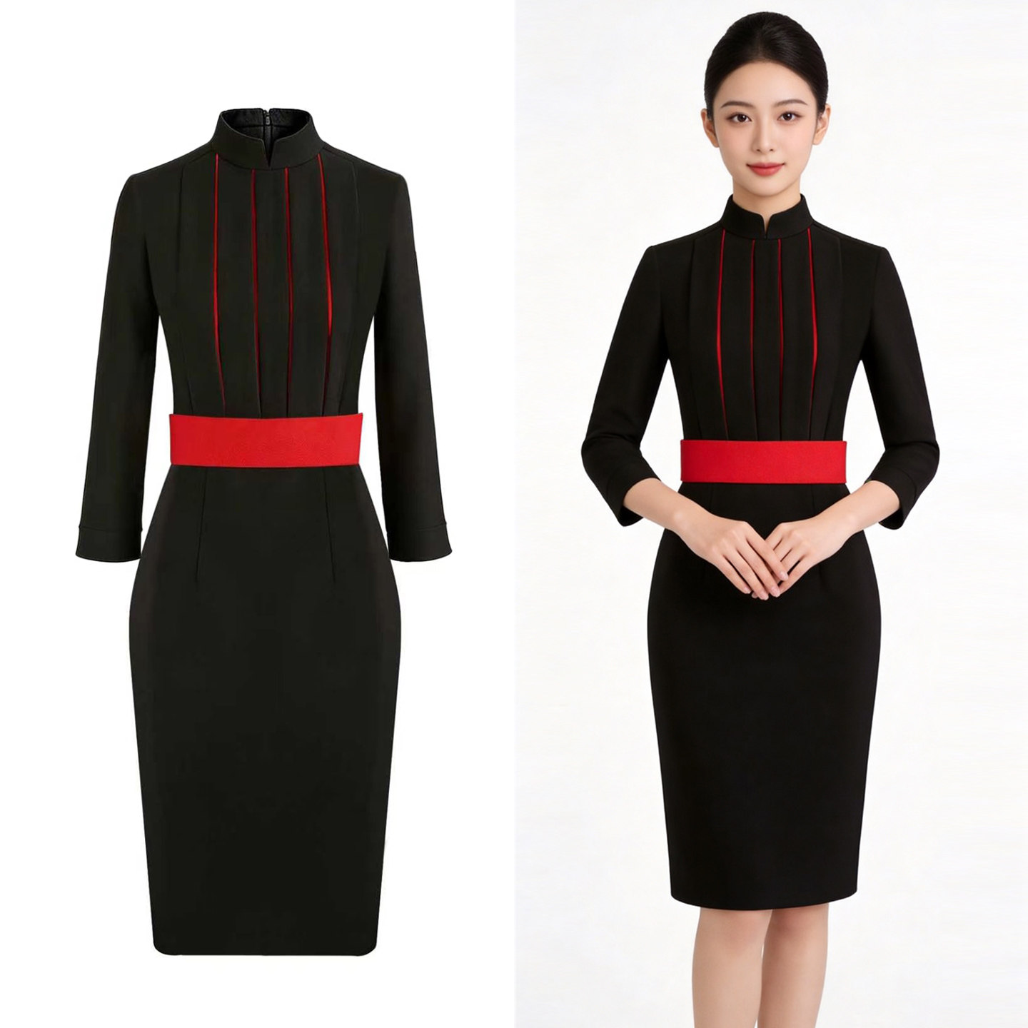 空姐制服职业装夏季风琴褶黑色连衣裙空乘前台美容院前台工服川航