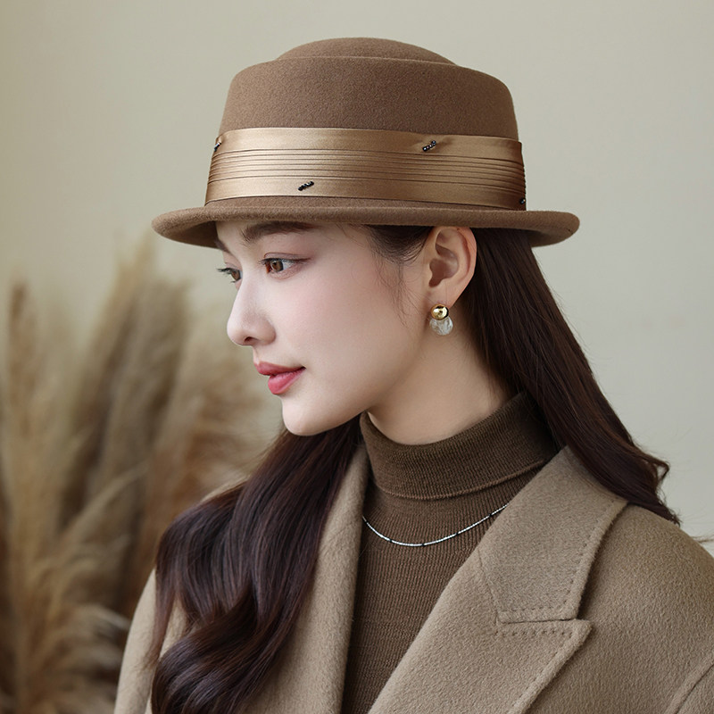 法式帽子女款秋冬季新款渔夫帽羊毛礼帽女百搭赫本风平顶帽女春秋