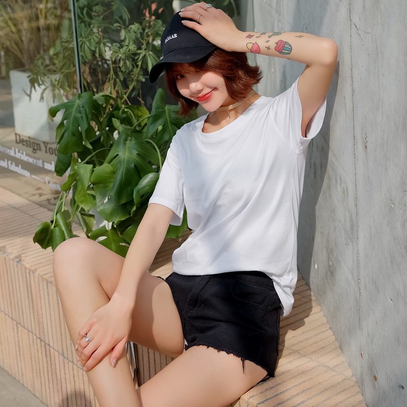 中年妈妈纯棉圆领短袖T恤女2025夏季薄款全面体恤纯色显瘦上衣t桖
