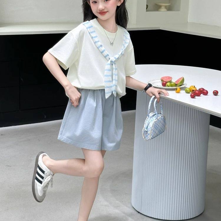 女童夏季套装2025新款海军风洋气中大童休闲披肩短袖短裤两件套潮