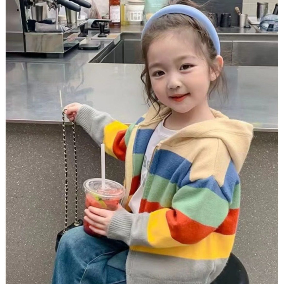 女童毛衣外套秋冬连帽儿童洋气宝宝开衫毛衣彩虹韩版拉链针织开衫