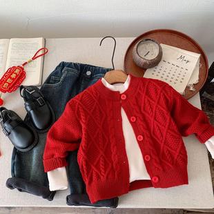 儿童红色毛衣冬款男童开衫小童提花新年衣服宝宝喜庆圣诞童装毛衣