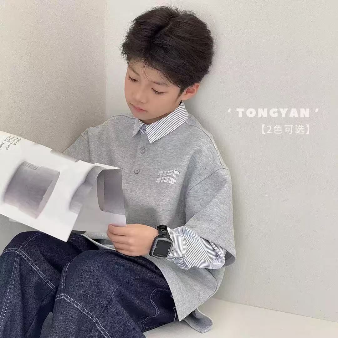 假两件中大童POLO衫长袖T恤男女童休闲宽松时尚衬衫百搭拼接上衣