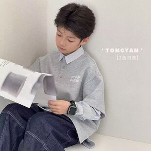衬衫 T恤男女童休闲宽松时尚 百搭拼接上衣 长袖 假两件中大童POLO衫