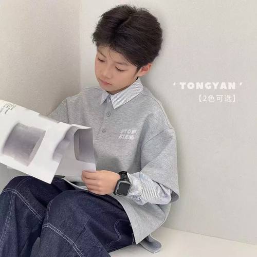假两件中大童POLO衫长袖T恤男女童休闲宽松时尚衬衫百搭拼接上衣