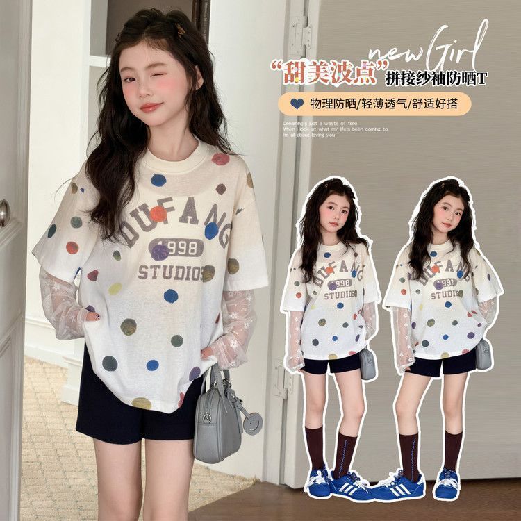 女童波点防晒袖夏季2026新款超好看女孩洋气假两件儿童薄款上衣恤