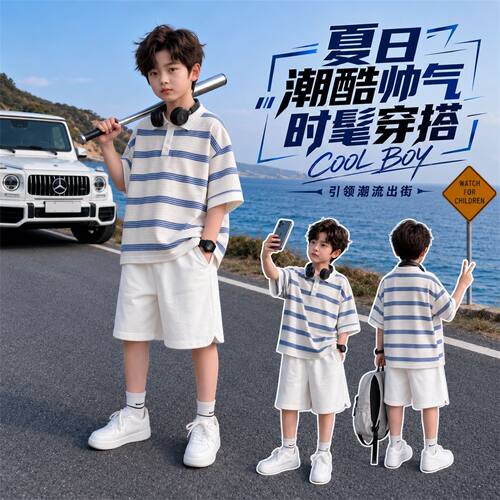 2026新款儿童夏季男童套装薄款夏装条纹Polo衫两件套男孩夏季衣服