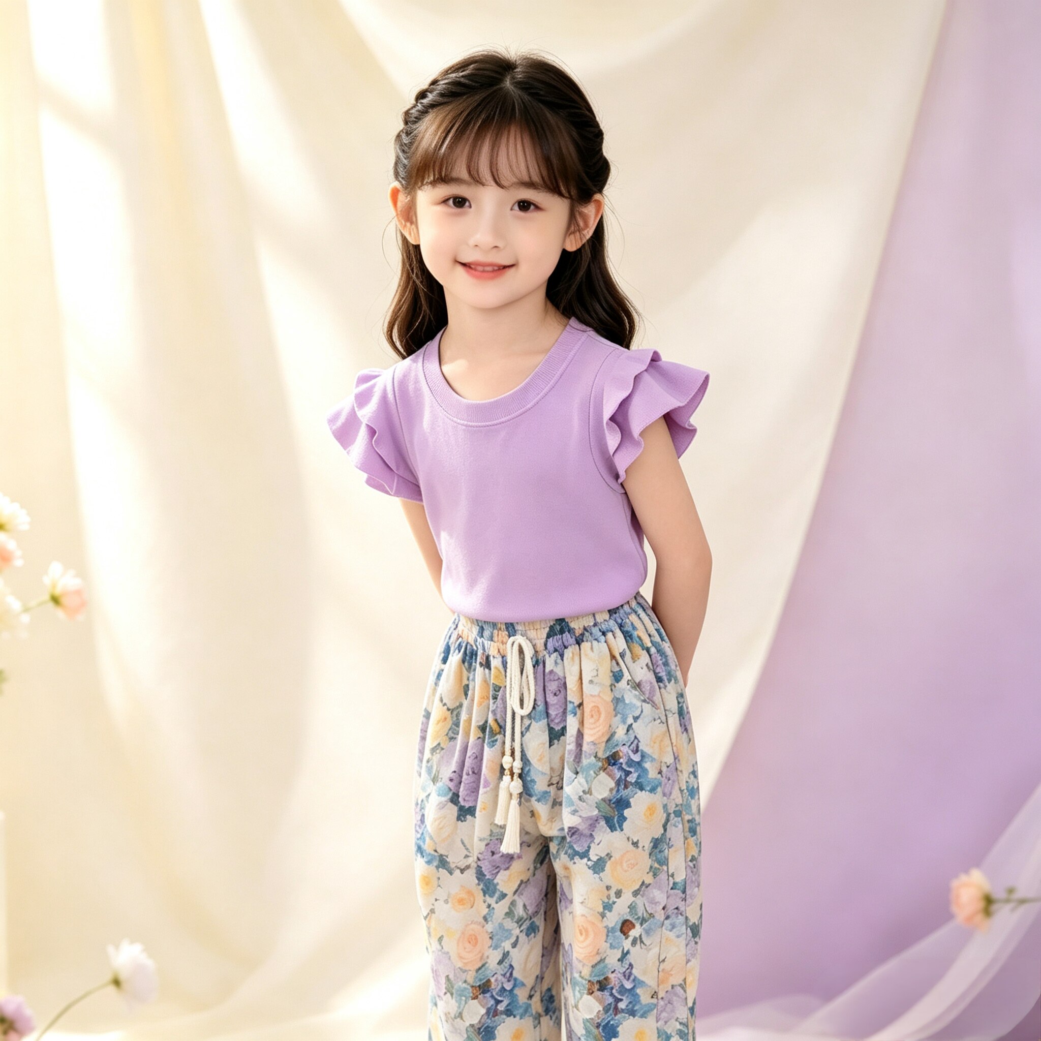 女童夏季小飞袖短袖碎花裤两件